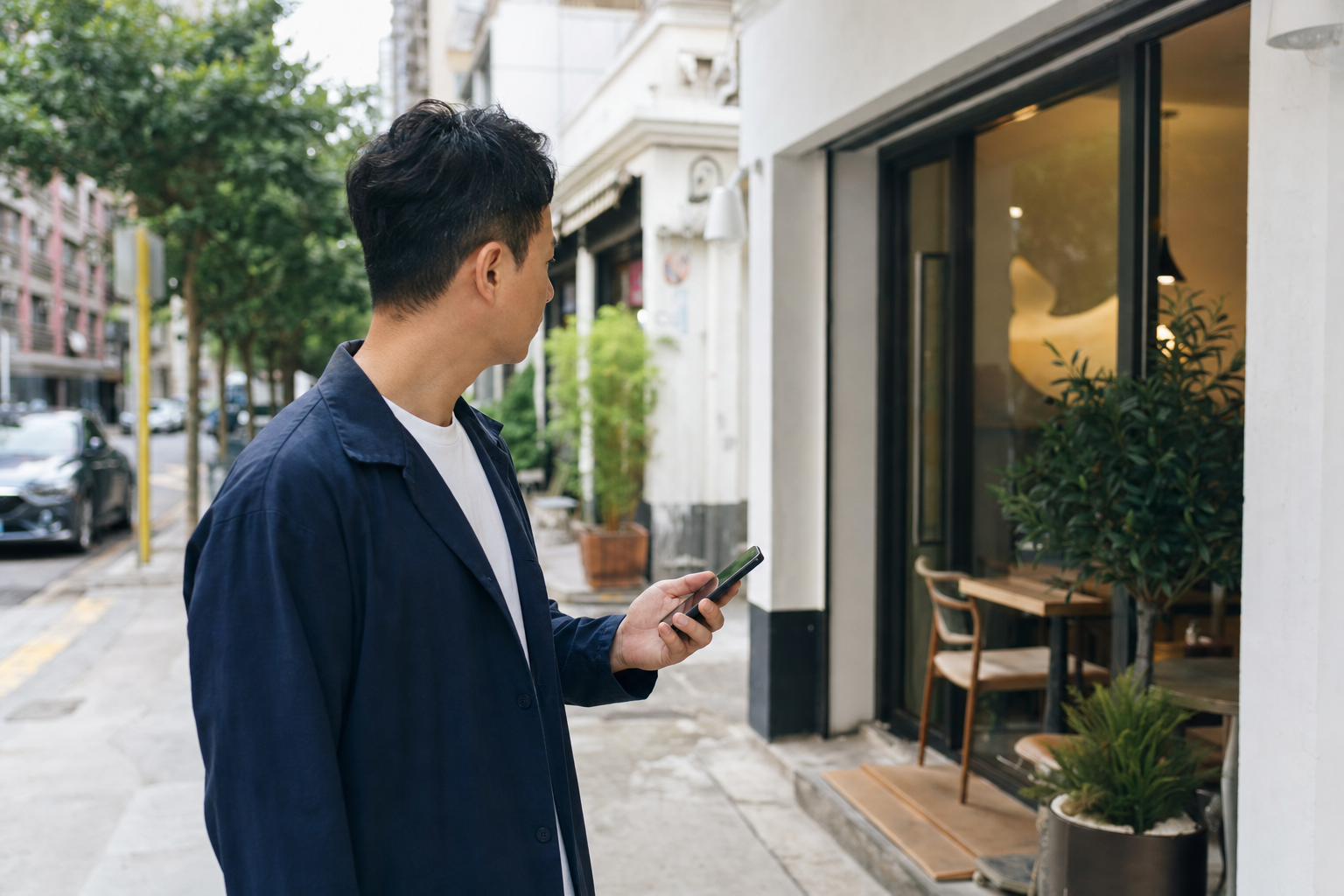 商家在店外檢視手機上的公開資料和查詢入口